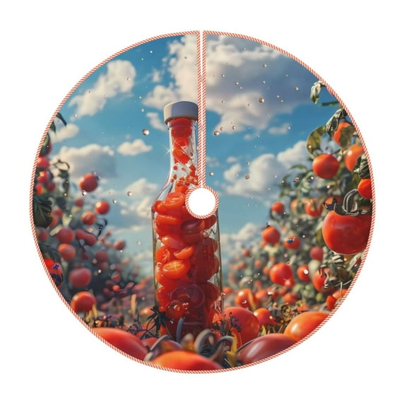 Xecao Tomato Field Bottle Pattern Christmas Tree Skirt Round Xmas Tree Mat Base Cover for Holiday Home Decorations-30"