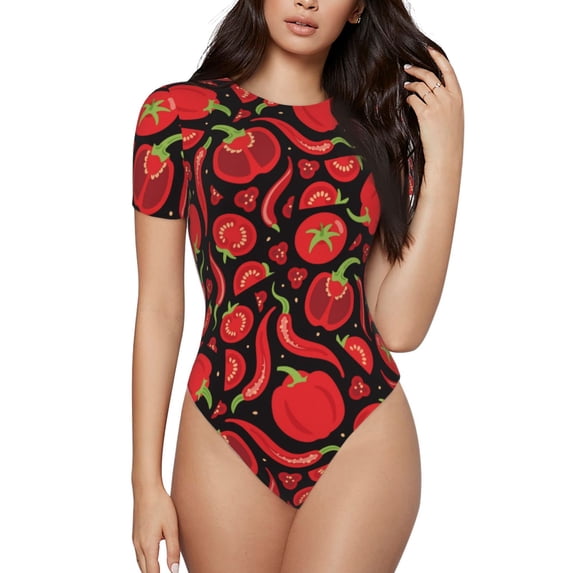 The Xecao Tomatoes And Chili Women's Crew Neck Body Suit, a short-sleeved bodysuit and basic swimsuit, both comfort and style for dating and daily life