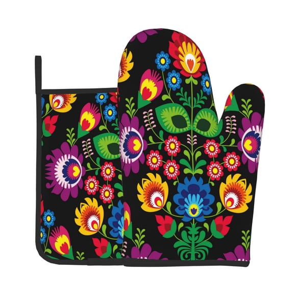 Xecao Traditional Floral Polish Pattern Oven Mitts and Pot Holders Sets Heat Resistant Silicone Oven Mittens Extra Thicken Long Kitchen Cotton Oven Glove for Cooking