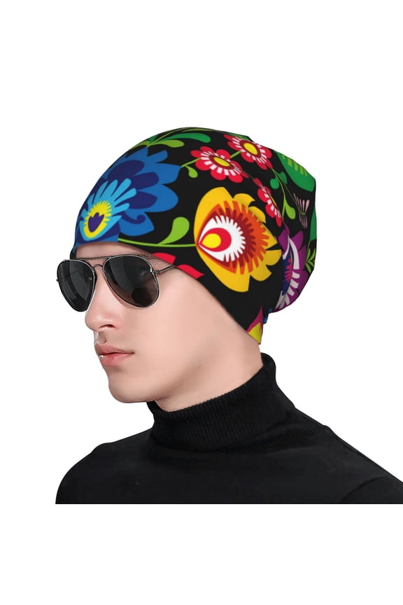 Traditional Floral Polish Print Beanie Knitted Hat for Men Women, Winter Fashion Knit Cuffed Caps Unisex