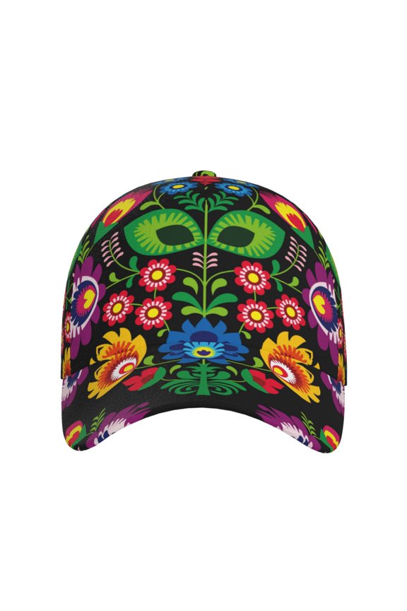 Traditional Floral Polish for Baseball Cap: Unisex, crafted from classic polyester twill fabric, featuring a soft unconstructed design