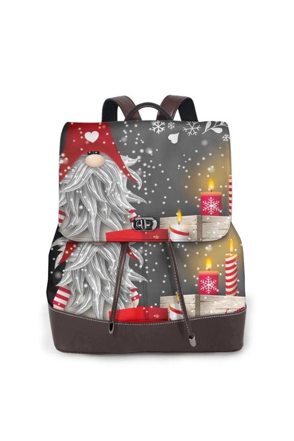 Traditional Scandinavian Dwarf Print Large Backpack Soft Leather for Women Travel with Compartment, Adjustable Convertible Strap