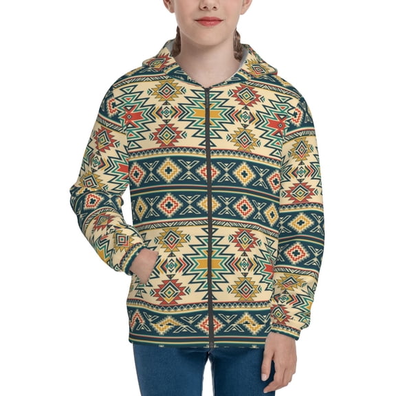 Xecao Traditional Tribal Aztec1 Pattern Zip Up Hoodies for Boys Girls, Sweatshirt with Pockets-Small