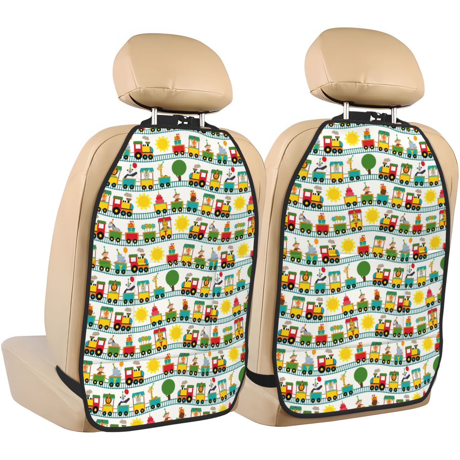 Xecao Train With Animals Pattern Car Seat Back Protector 2 Pack Large Capacity Pocket, Kick Mats Back Seat Protector
