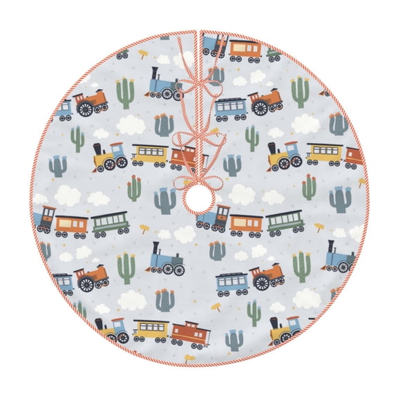 Xecao Trains And Cactuse Pattern Christmas Tree Skirt Round Xmas Tree Mat Base Cover for Holiday Home Decorations-30"