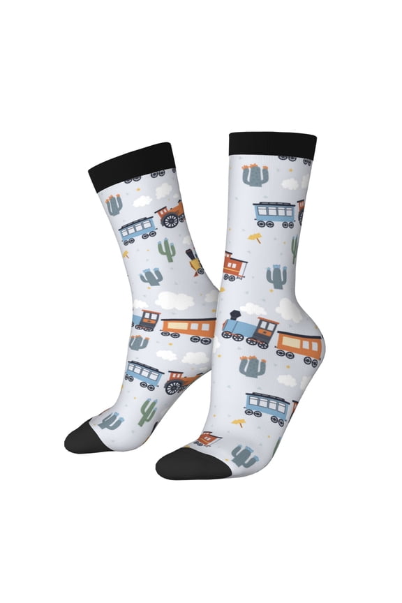 Trains And Cactuse Pattern Sport Socks for Women and Men Crew Socks Sporty Calf Socks Casual Socks