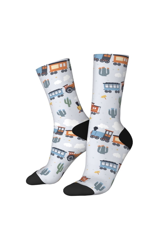 Trains And Cactuse Pattern Sport Socks for Women and Men Crew Socks Sporty Calf Socks Casual Socks