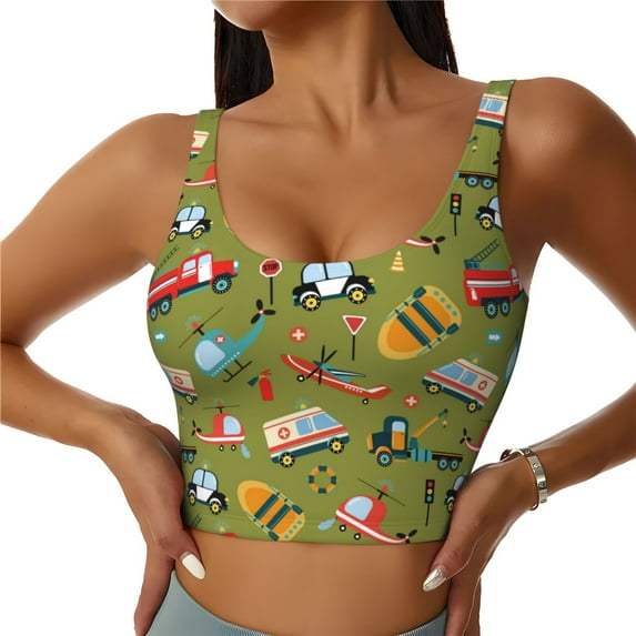 Xecao Transportation Prints for Sports Bra with Removable Pads, Crop Tank Top Design, Women's Longline Sports Bra - Non-Wired - Medium