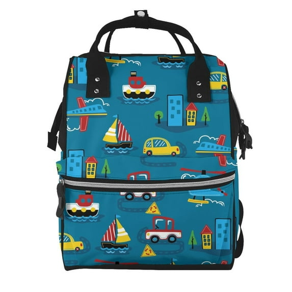 Xecao Transportations with Buildings print Large Capacity Nappy Bag is a multi-functional waterproof travel backpack, perfect as a nursing bag or mummy backpack for women