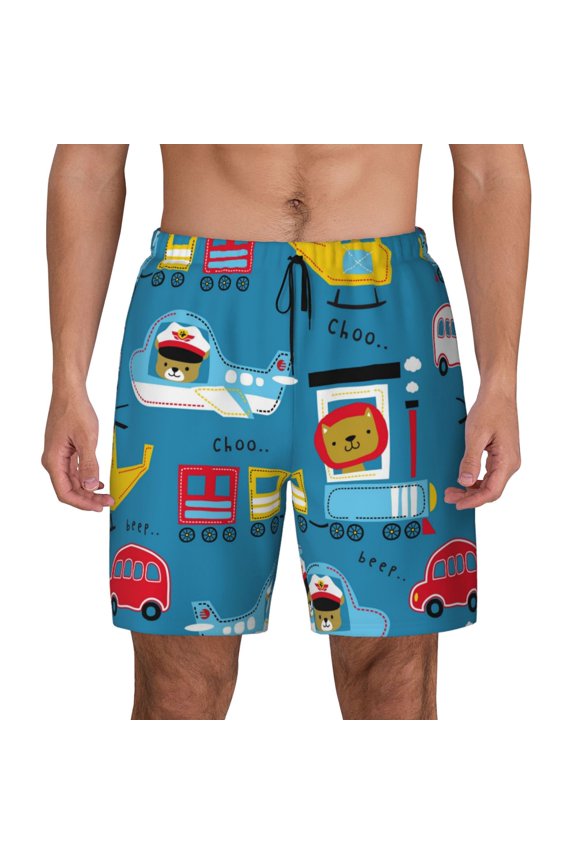 Transportations With Cute Animals for Men's Swimming Trunks Swim Trunks Quick Dry Swim Shorts with Mesh Lining Funny Swimwear Bathing Suits