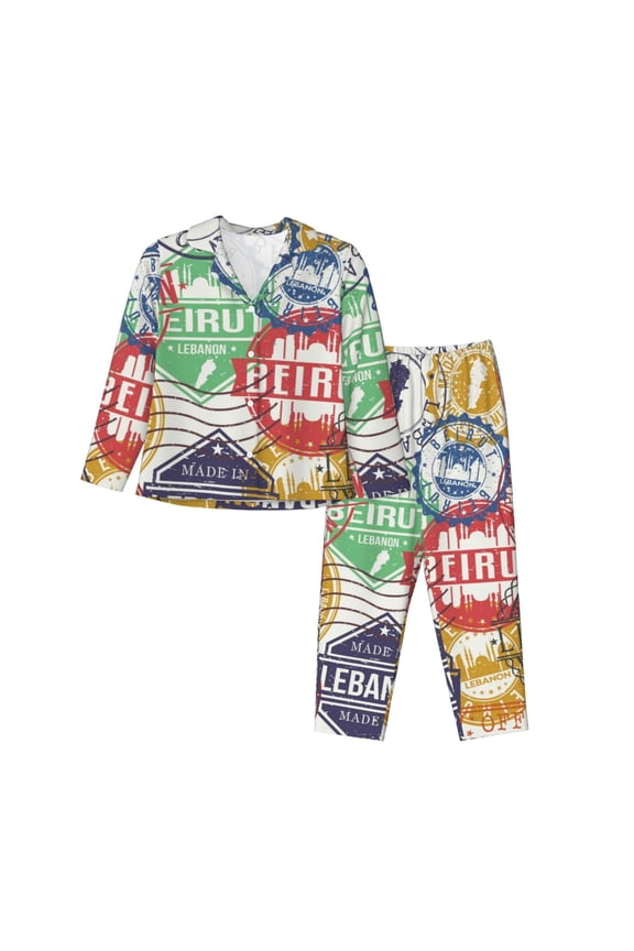 Travel Stamp Print Women Pajamas Set Soft Sleepwear Pjs long Sleeve Button Down Nightwear with Long Pants