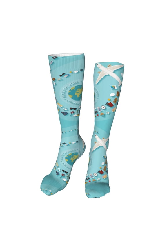 Travelling on Airplane Print Calf Socks Seamless Toe, Knee High Long Socks, Sports Socks Trouser Socks for Women and Men-One Size