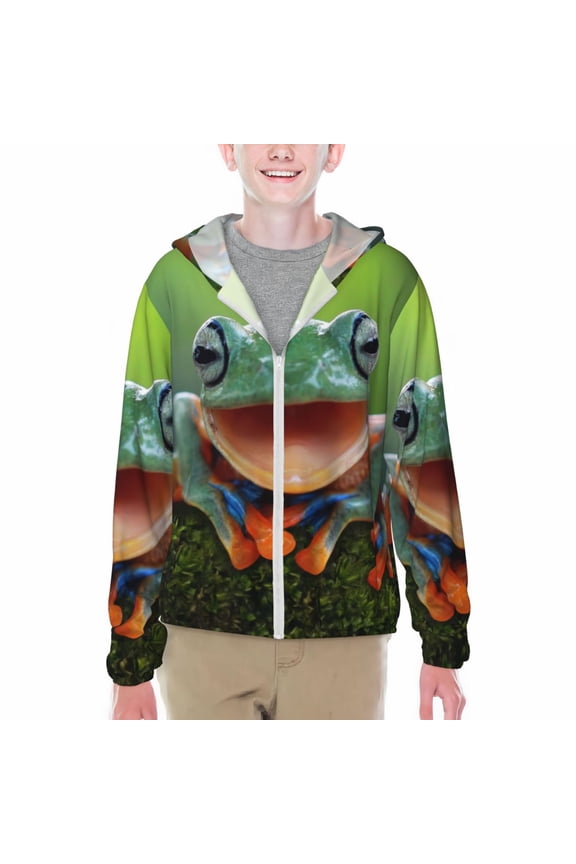 Tree Frog Print Fishing Shirts for teenager Long Sleeve UV Sun Protection Hoodie with Zipper Outdoor Hiking Shirts-X-Large