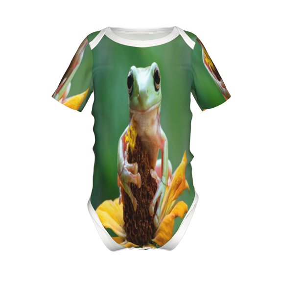 Xecao Tree Frog Sitting On Sunflowes Pattern Baby Climbing Bodysuit Short Sleeve Onesie Unisex 0-12 Months Baby Shirt Newborn Outfits Crotch snap design-2 Years