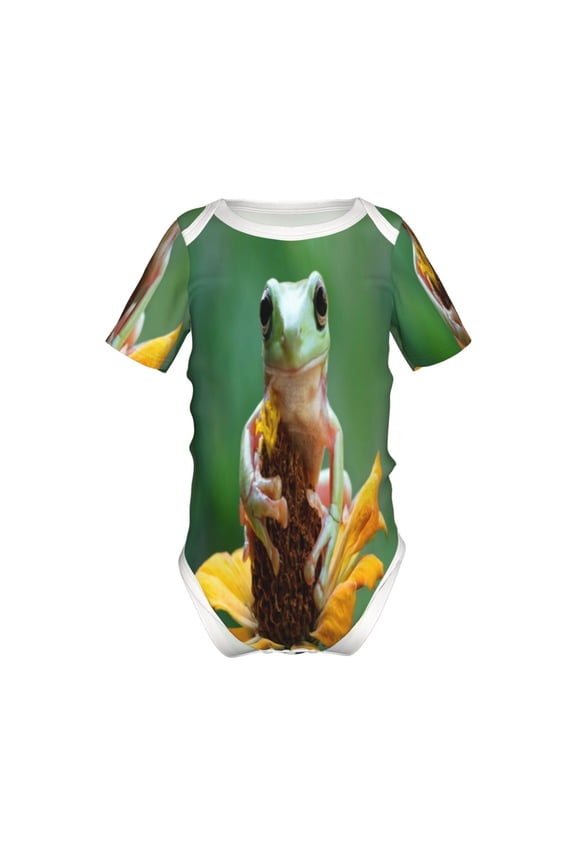 Tree Frog Sitting On Sunflowes Pattern Baby Climbing Bodysuit Short Sleeve Onesie Unisex 0-12 Months Baby Shirt Newborn Outfits Crotch snap design-