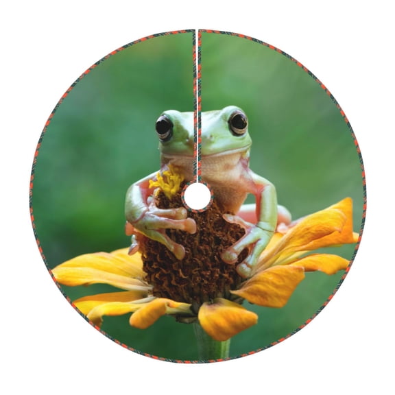 Xecao Tree Frog Sitting On Sunflowes Pattern Christmas Tree Skirt Round Xmas Tree Mat Base Cover for Holiday Home Decorations-30"