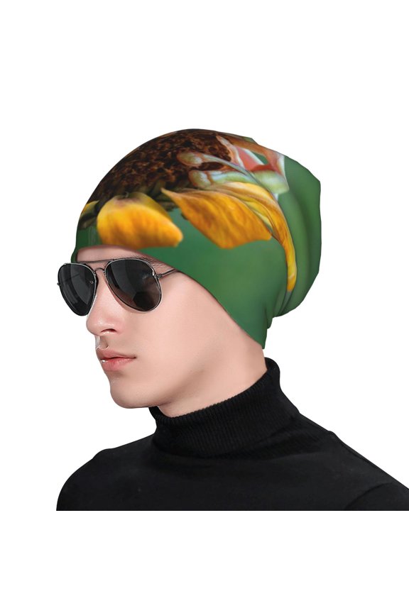 Tree Frog Sitting On Sunflowes Print Beanie Knitted Hat for Men Women, Winter Fashion Knit Cuffed Caps Unisex