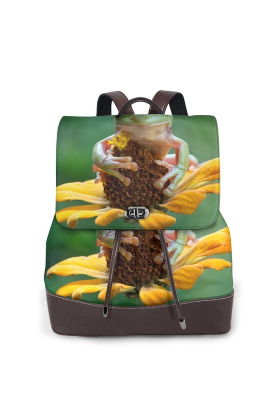 Tree Frog Sitting On Sunflowes Print Large Backpack Soft Leather for Women Travel with Compartment, Adjustable Convertible Strap