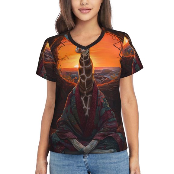 Xecao Tree Hollow Meditating Giraffe for Women's V-Neck T-Shirts-Elegant Half-Sleeve Tops Perfect for Summer-3X-Large