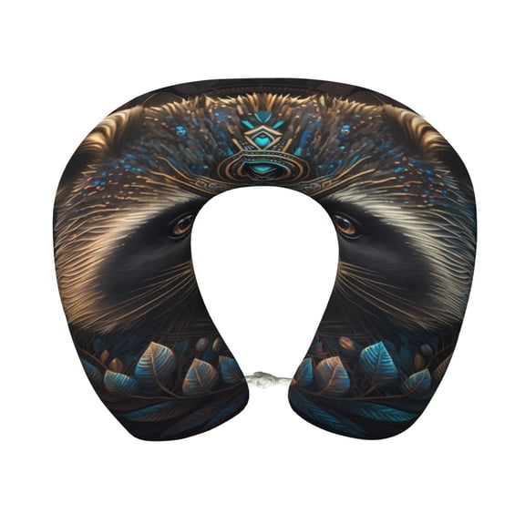 Xecao Tribal Style Raccoon Print Memory Foam Cervical Neck Pillow Versatile U-Shaped Pillows for Home,Office,Camping,Travelling,Soft Washable Cover