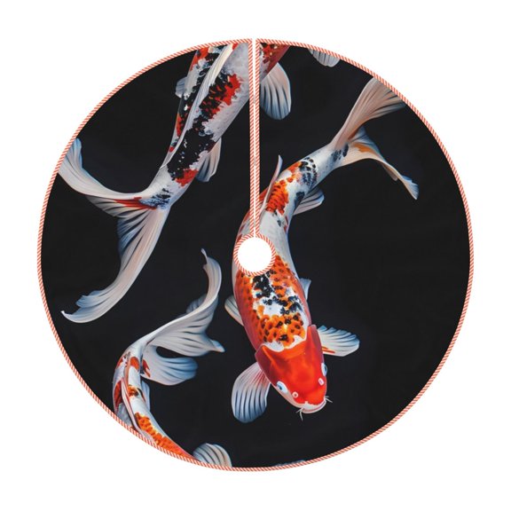 Xecao Tricolor Koi Fish Trio Pattern Christmas Tree Skirt Round Xmas Tree Mat Base Cover for Holiday Home Decorations-36"