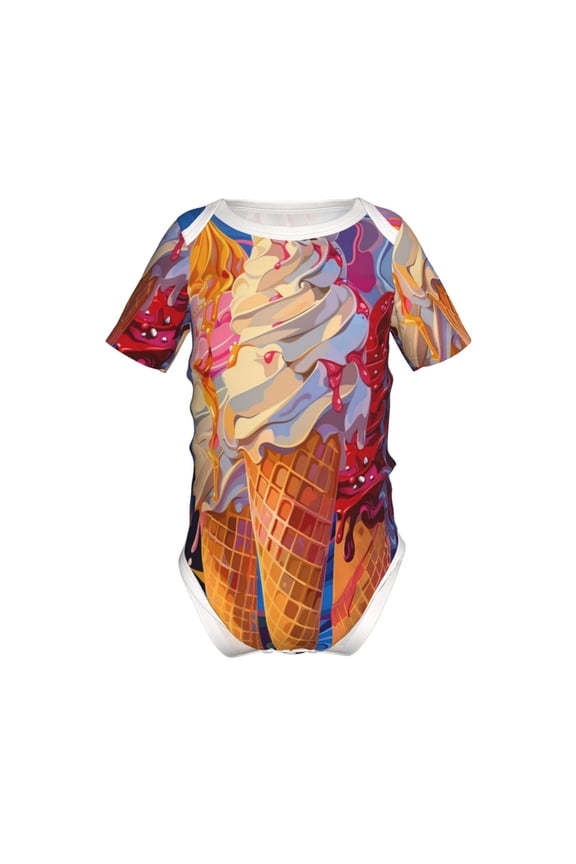 Trio Of Dripping Cones Pattern Baby Climbing Bodysuit Short Sleeve Onesie Unisex 0-12 Months Baby Shirt Newborn Outfits Crotch snap design-12 Months