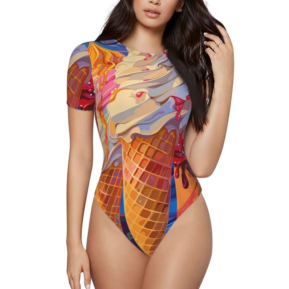 Xecao Trio Of Dripping Cones Pattern Women's Crew Neck Body Suit, Short-Sleeved Bodysuit and Basic Swimsuit,Both Comfort and Style for Dating and Daily life -Medium