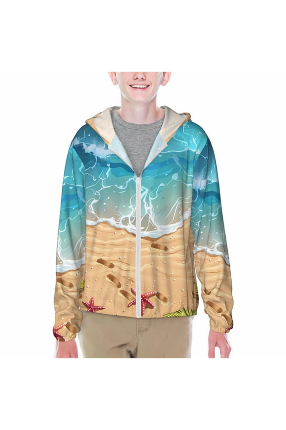 Tropical Beach With Starfish Print Fishing Shirts for teenager Long Sleeve UV Sun Protection Hoodie with Zipper Outdoor Hiking Shirts-