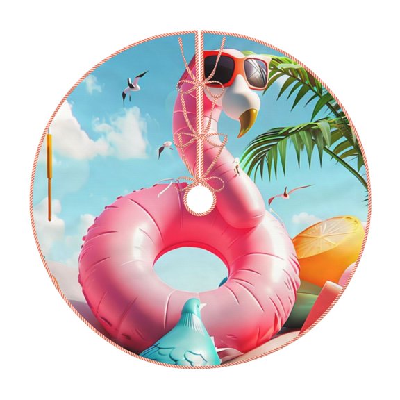 Xecao Tropical Flamingo Pool Float Pattern Christmas Tree Skirt Round Xmas Tree Mat Base Cover for Holiday Home Decorations-30"