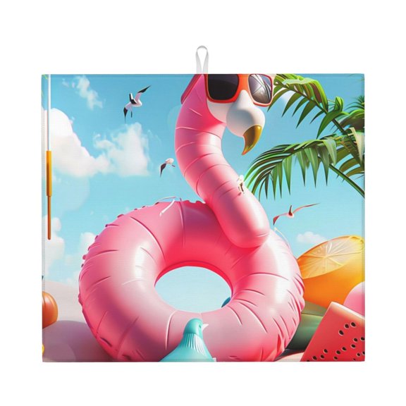 Xecao Tropical Flamingo Pool Float Print Dish Drying Mat for Kitchen Counter,Absorbent Coffee Bar Mat, Dish Drainer Rack Mats,Dining Room Decoration