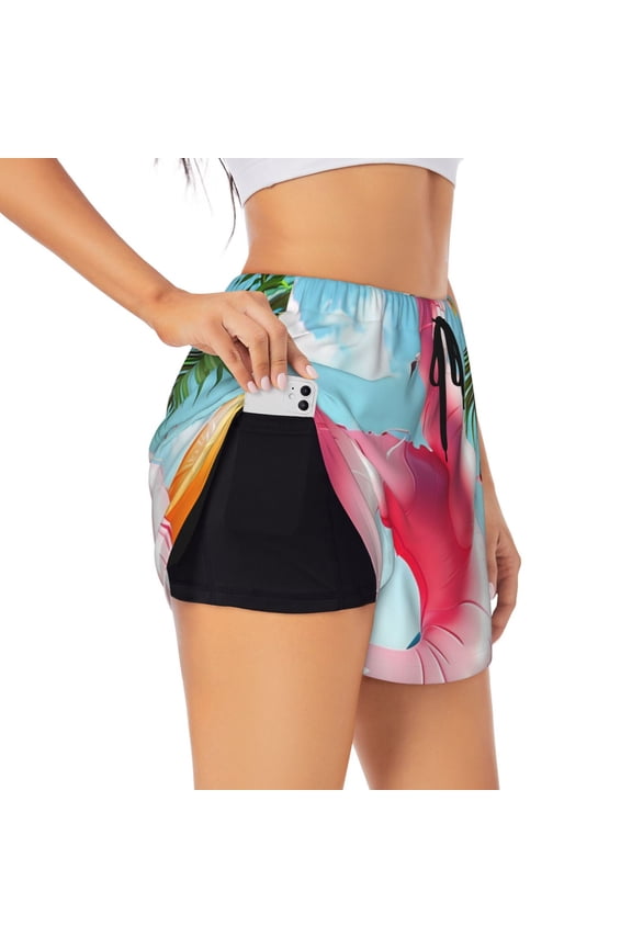 Tropical Flamingo Pool Float for Double-layer Running Short for Women, Perfect for Gym, Tennis, and More, Featuring a Convenient Pocket-Small