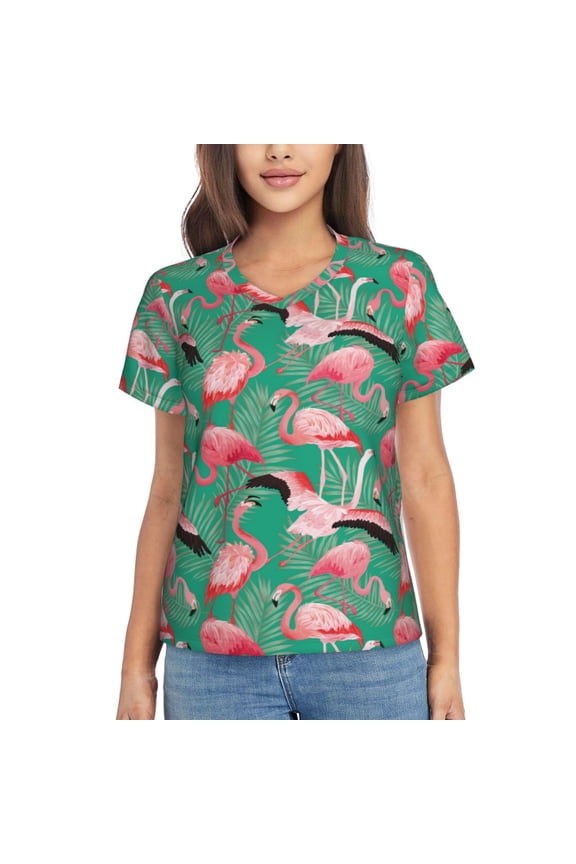Tropical Flamingo for Women's V-Neck T-Shirts-Elegant Half-Sleeve Tops Perfect for Summer-Large