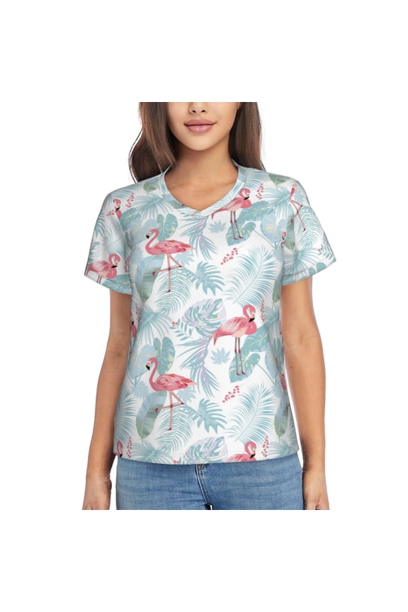 Tropical Flamingo for Women's V-Neck T-Shirts-Elegant Half-Sleeve Tops Perfect for Summer-Large