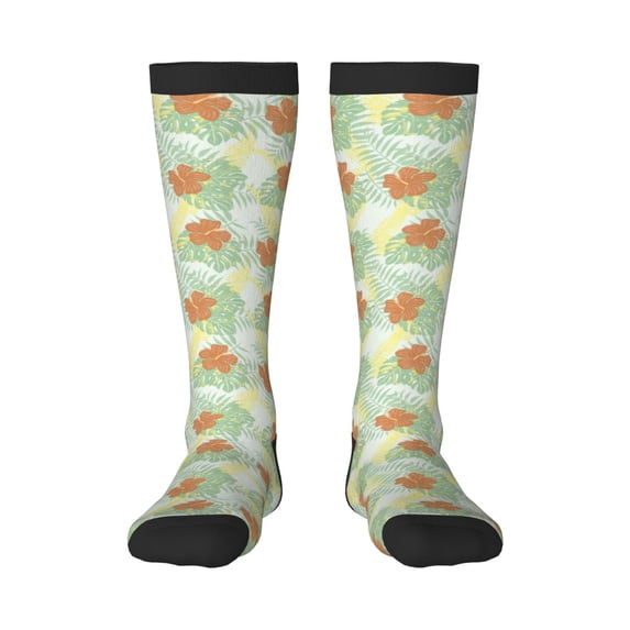 Xecao Tropical Flowers print thigh-high socks, crafted for both men and women with a stretchy, high-opaque design perfect for daily wear