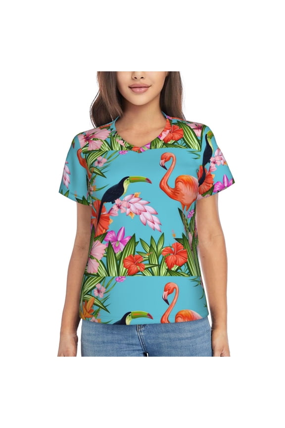 Tropical Jungle Flamingo for Women's V-Neck T-Shirts-Elegant Half-Sleeve Tops Perfect for Summer-Small