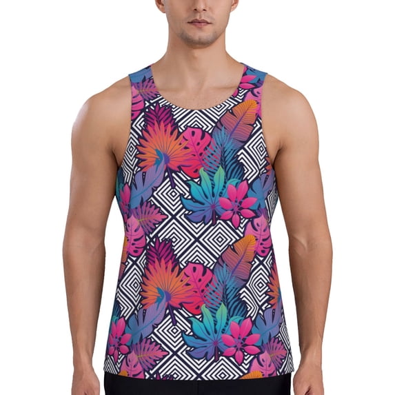 Xecao Tropical Leaves Men's Tank Top Workout Quick Dry Sleeveless Gym Jogging Muscle Shirts Summer Swim Beach Tops