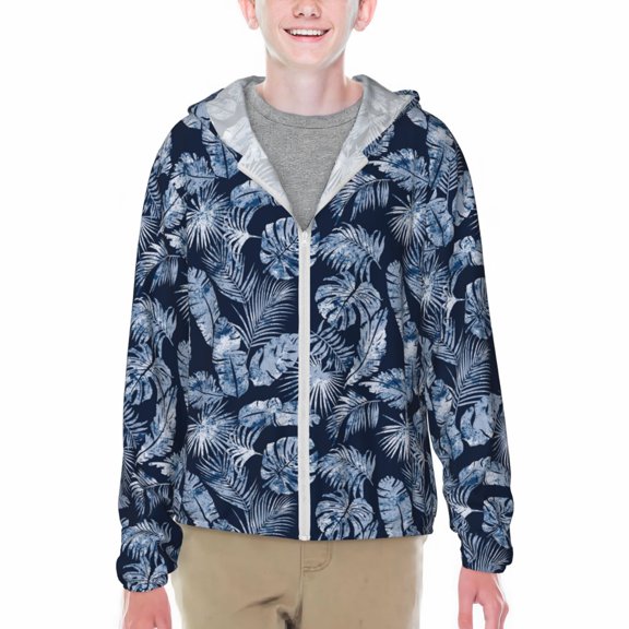 Xecao Tropical Leaves Print Fishing Shirts for teenager Long Sleeve UV Sun Protection Hoodie with Zipper Outdoor Hiking Shirts-XX-Large