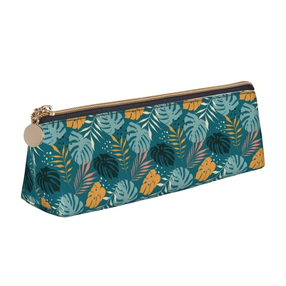 Xecao Tropical Leaves Print Leather Pencil Case -Stationery Bag Pen Holder for Work & Office