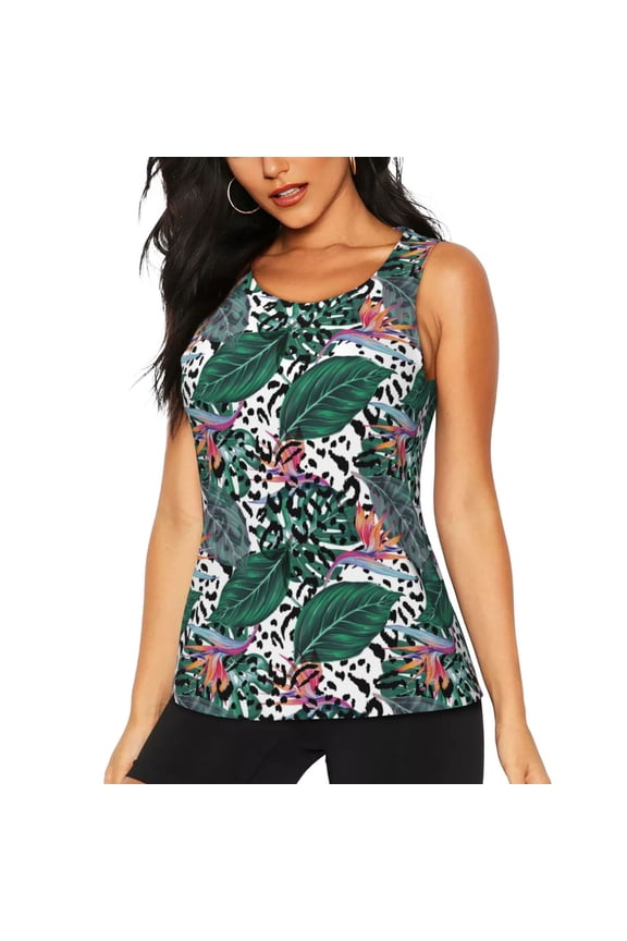 Tropical Leaves print women's scoop neck, loose-fit workout tank tops for the gym.