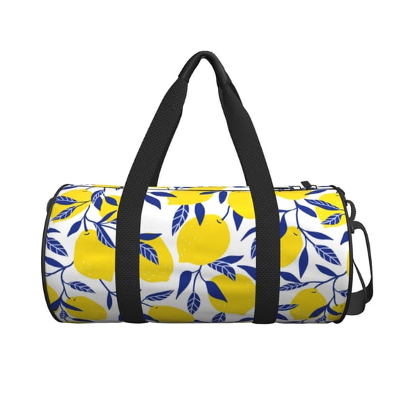 Xecao Tropical Lemon print Round Travel Duffel Bag is a foldable gym bag with an inner pocket, perfect for travel sports