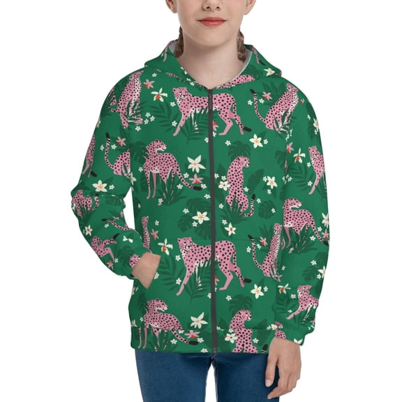 Xecao Tropical Leopard Pattern Zip Up Hoodies for Boys Girls, Sweatshirt with Pockets-Small