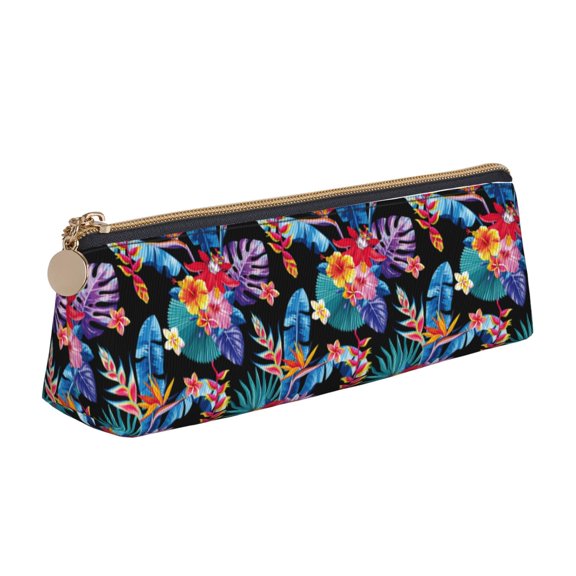 Xecao Tropical Palm Leaves Print Leather Pencil Case -Stationery Bag Pen Holder for Work & Office