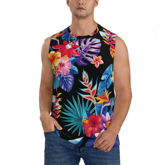 Xecao Tropical Palm Leaves Print Men's Tank Top: Sleek Sleeveless Tee for Casual Sports and Beach Occasions-3X-Large