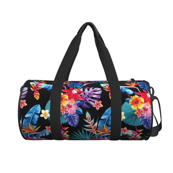 Xecao Tropical Palm Leaves print Round Travel Duffel Bag is a foldable gym bag with an inner pocket, perfect for travel sports