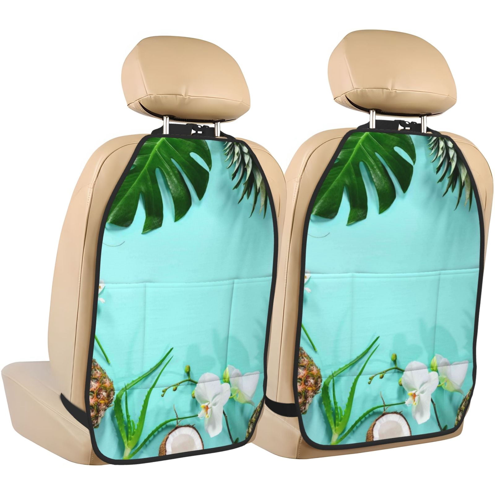 Xecao Tropical Pineapple Pattern Car Seat Back Protector 2 Pack Large Capacity Pocket, Kick Mats Back Seat Protector