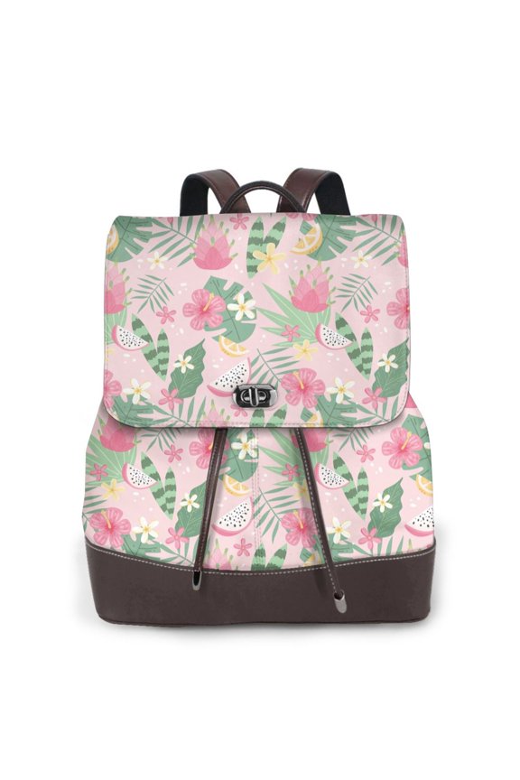 Tropical Pitaya Print Large Backpack Soft Leather for Women Travel with Compartment, Adjustable Convertible Strap