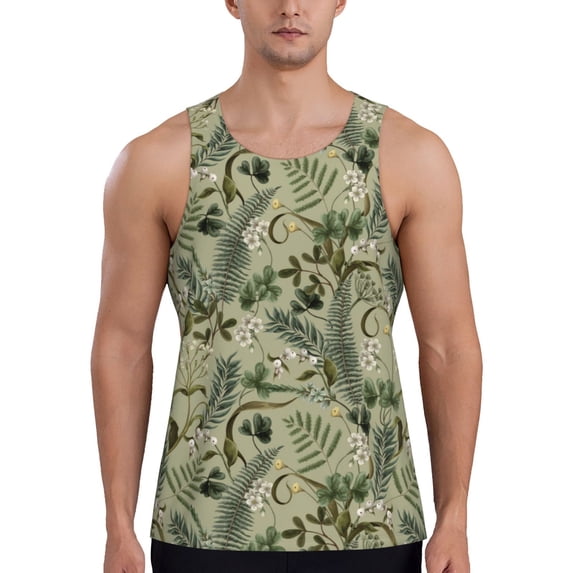 Xecao Tropical Plants Green Men's Tank Top Workout Quick Dry Sleeveless Gym Jogging Muscle Shirts Summer Swim Beach Tops