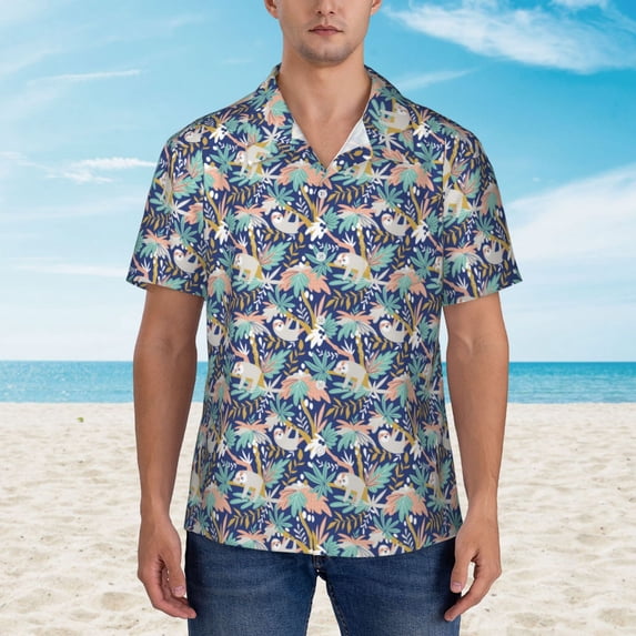 Xecao Tropical Sloth print Hawaiian shirt - a stylish short-sleeve button-down for men, perfect for casual beach and tropical outings.