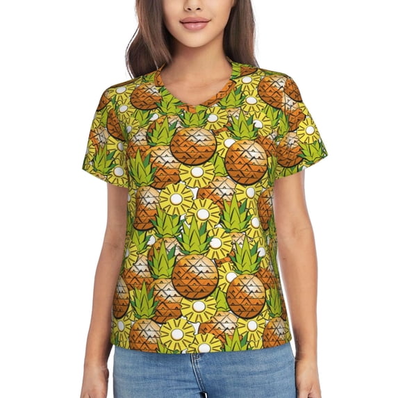 Xecao Tropical Summer Fruit for Women's V-Neck T-Shirts-Elegant Half-Sleeve Tops Perfect for Summer-Small