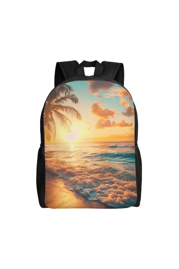 Tropical Sunset Beach Scene Print School Backpack with Laptop Compartment Small Travel Laptop Backpack for Women Men Waterproof College Backpack Simple School Bag